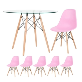 Mesa redonda Eames com tampo de vidro 100 cm + 5 cadeiras Eiffel DSW Rosa claro Mesa redonda Eames com tampo de vidro 100 cm + 5 cadeiras Eiffel DSW Rosa claro