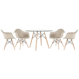 Mesa redonda Eames com tampo de vidro 120 cm + 4 cadeiras Eiffel DAW - Nude