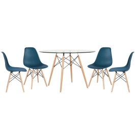 Mesa redonda Eames com tampo de vidro 120 cm + 4 cadeiras Eiffel DSW - Azul Petróleo