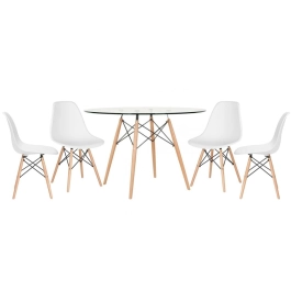 Mesa redonda Eames com tampo de vidro 120 cm + 4 cadeiras Eiffel DSW - Branco