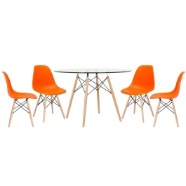 Mesa redonda Eames com tampo de vidro 120 cm + 4 cadeiras Eiffel DSW - Laranja