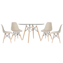 Mesa redonda Eames com tampo de vidro 120 cm + 4 cadeiras Eiffel DSW - Nude