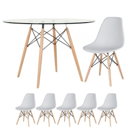 Mesa redonda Eames com tampo de vidro 120 cm + 5 cadeiras Eiffel DSW - Cinza Claro