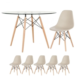 Mesa redonda Eames com tampo de vidro 120 cm + 5 cadeiras Eiffel DSW - Nude