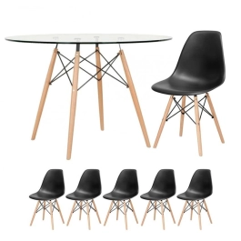 Mesa redonda Eames com tampo de vidro 120 cm + 5 cadeiras Eiffel DSW - Preto