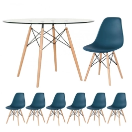 Mesa redonda Eames com tampo de vidro 120 cm + 6 cadeiras Eiffel DSW - Azul Petróleo Mesa redonda Eames com tampo de vidro 120 cm + 6 cadeiras Eiffel DSW - Azul Petróleo