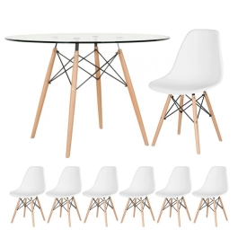 Mesa redonda Eames com tampo de vidro 120 cm + 6 cadeiras Eiffel DSW - Branco