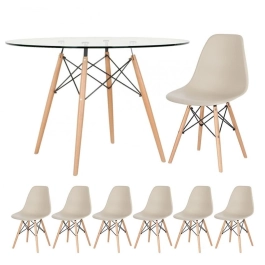 Mesa redonda Eames com tampo de vidro 120 cm + 6 cadeiras Eiffel DSW - Nude