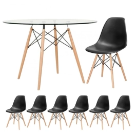 Mesa redonda Eames com tampo de vidro 120 cm + 6 cadeiras Eiffel DSW - Preto