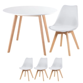 Mesa redonda Leda 100 cm branco + 3 cadeiras estofadas Leda Branco