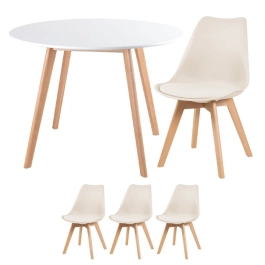 Mesa redonda Leda 100 cm branco + 3 cadeiras estofadas Leda Creme