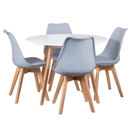 Mesa redonda Leda 100 cm branco + 4 cadeiras estofadas Leda Cinza Claro