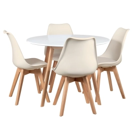 Mesa redonda Leda 100 cm branco + 4 cadeiras estofadas Leda Creme