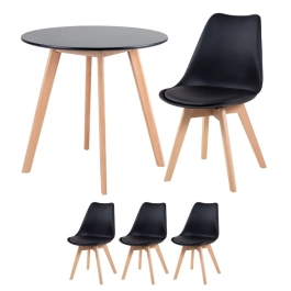 Mesa redonda Leda 70 cm preto + 3 cadeiras estofadas Leda Preto Mesa redonda Leda 70 cm preto + 3 cadeiras estofadas Leda Preto