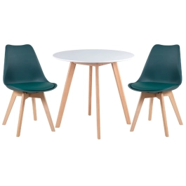 Mesa redonda Leda 80 cm branco + 2 cadeiras estofadas Leda Verde escuro