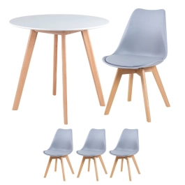 Mesa redonda Leda 80 cm branco + 3 cadeiras estofadas Leda Cinza Claro