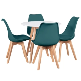 Mesa redonda Leda 80 cm branco + 4 cadeiras estofadas Leda Verde escuro