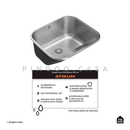 Tanque Aço Inox Monobloco 50 cm Atikum Prata Escovado