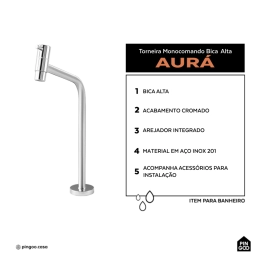 Torneira de banheiro monocomando alta Aurá Pingoo.casa - Prata 