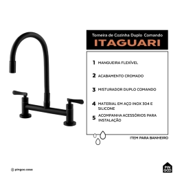Torneira de cozinha flexivel misturador duplo comando Itaguari Pingoo.casa - Preto