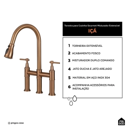 Torneira para Cozinha Gourmet Misturador Extensível Duplo Comando Aço Inox 304 Içá Dourado Rose