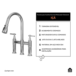 Torneira para Cozinha Gourmet Misturador Extensível Duplo Comando Aço Inox 304 Içá Prata