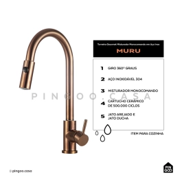 Torneira Para Cozinha Gourmet Misturador Monocomando Em Aço Inox Escovado Muru Dourado Rose