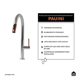 Torneira Para Cozinha Misturador Monocomando Aço Inox 304 Pauini Pingoo.casa - Prata e Dourado Rose