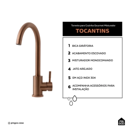 Torneira para Cozinha Misturador Monocomando Em Aço Inox 304 Escovado Tocantins Dourado Rose