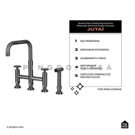 Torneira para Cozinha Gourmet Misturador Extensível Duplo Comando Aço Inox 304 Jutaí Cinza