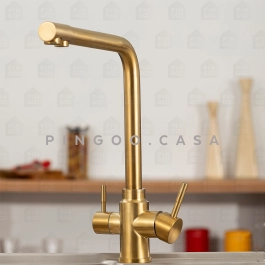 Torneira para Cozinha Misturador Monocomando Entrada para Filtro Aço Inox 304 Pojuca Dourado Escovado