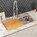 Kit Cuba Dupla Gourmet para Cozinha e Acessórios Aço Inox 78x43cm Tábua de Corte e Torneira Misturador Monocomando Munim