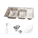 Cuba Dupla Gourmet para Cozinha com Acessórios e Lixeira Aço Inox 201 92x45cm Nukini Prata