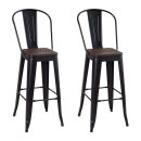 Kit com 2 Banquetas altas Iron Tolix com encosto alto e assento de madeira - Preto - Madeira rústica escura