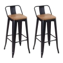 Kit com 2 Banquetas altas Iron Tolix com encosto e assento de madeira rústica clara 76 cm - Preto