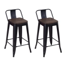 Kit com 2 Banquetas médias Iron Tolix com encosto e assento de madeira rústica escura 66 cm - Preto