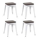 Kit com 4 Banquetas baixas Iron Tolix com assento de madeira rústica escura - Branco