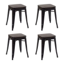 Kit com 4 Banquetas baixas Iron Tolix com assento de madeira rústica escura - Preto