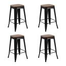 Kit com 4 Banquetas Iron Tolix com assento de madeira rústica escura - 66 cm - Preto
