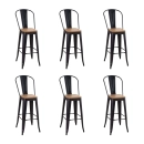 Kit com 6 Banquetas altas Iron Tolix com encosto alto e assento de madeira - Preto - Madeira rústica clara