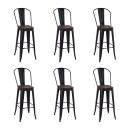 Kit com 6 Banquetas altas Iron Tolix com encosto alto e assento de madeira - Preto - Madeira rústica escura