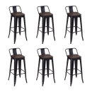 Kit com 6 Banquetas altas Iron Tolix com encosto e assento de madeira rústica escura - Preto