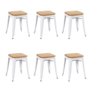 Kit com 6 Banquetas baixas Iron Tolix com assento de madeira rústica clara 45 cm - Branco