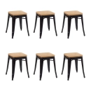 Kit com 6 Banquetas baixas Iron Tolix com assento de madeira rústica clara 45 cm - Preto