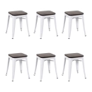 Kit com 6 Banquetas baixas Iron Tolix com assento de madeira rústica escura - Branco