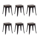 Kit com 6 Banquetas baixas Iron Tolix com assento de madeira rústica escura - Preto