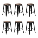 Kit com 6 Banquetas Iron Tolix com assento de madeira rústica escura - 66 cm - Preto