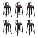 Kit com 6 Banquetas médias Iron Tolix com encosto e assento de madeira rústica escura 66 cm - Preto