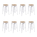 Kit com 8 Banquetas altas Iron Tolix com assento de madeira rústica clara 76 cm - Branco