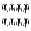 Kit com 8 Banquetas altas Iron Tolix com assento de madeira rústica clara 76 cm - Preto